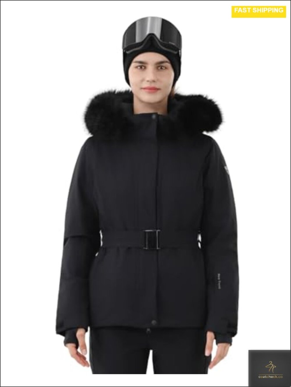 Women's Waterproof Ski Jacket with Fur Hood Belted Snow Coat